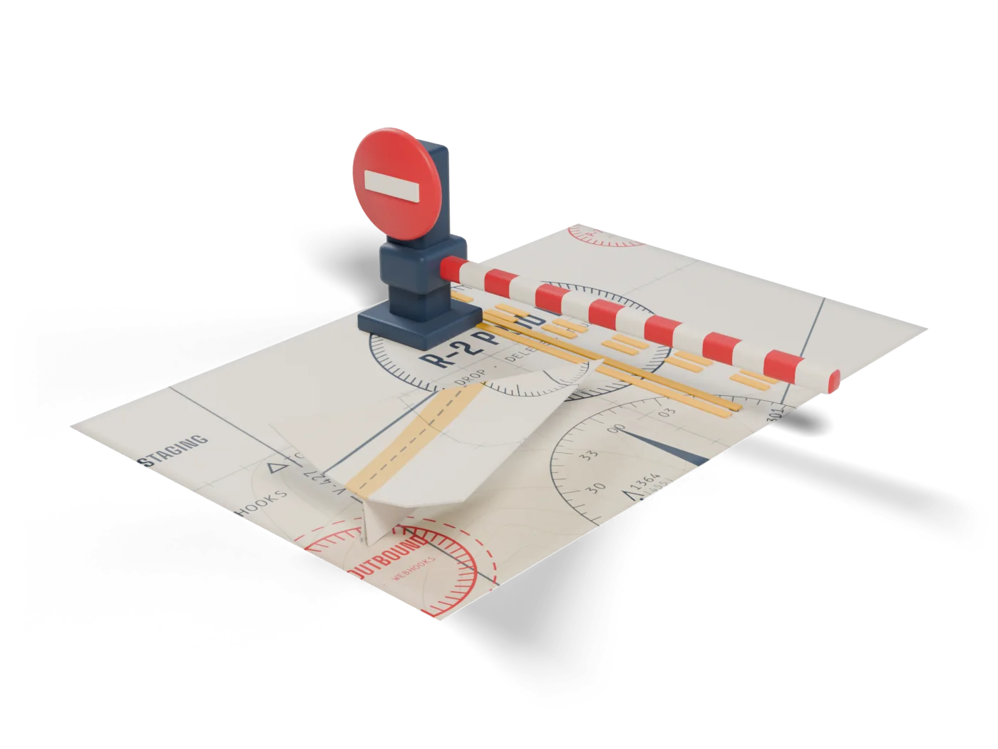 A paper plane held at a checkpoint barrier, behind a yellow hold-short line