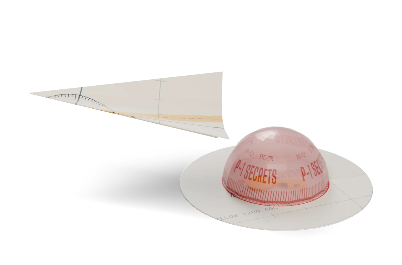 A paper plane folded from a chart banks away from a red tracing-paper dome over the zone marked P-1 Secrets