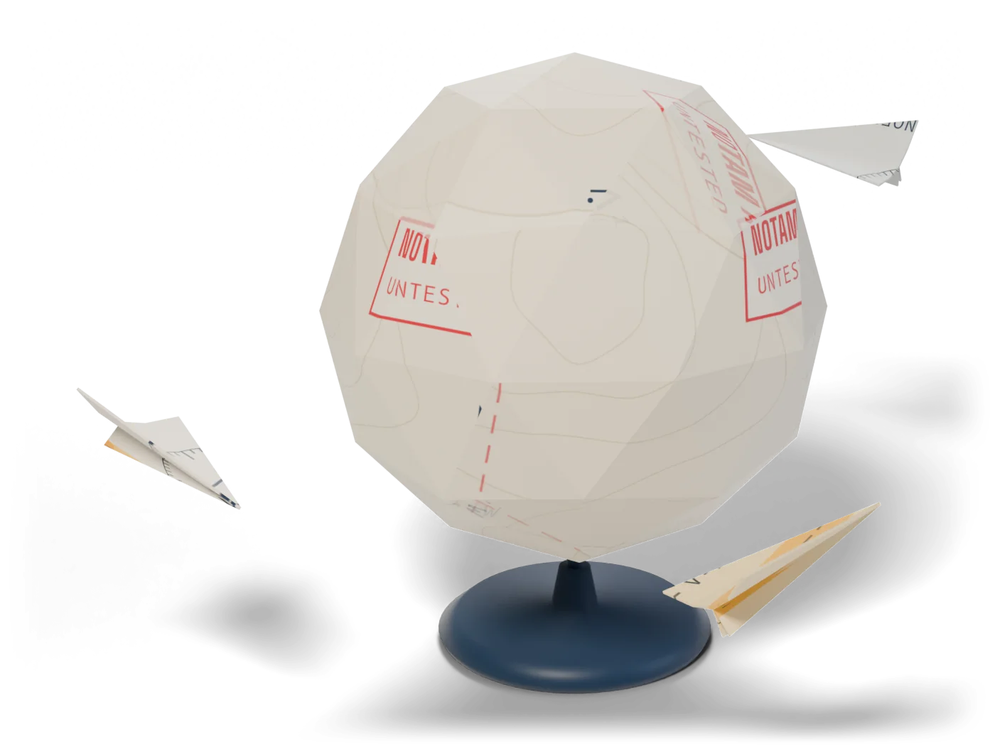 A faceted paper globe printed with the chart, paper planes on routes around it