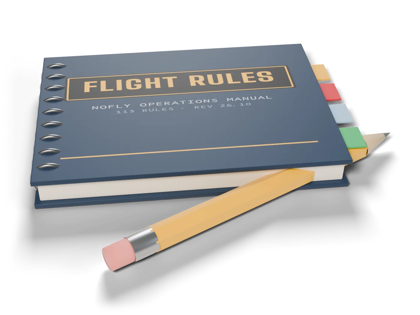 A ring-bound Flight Rules manual with coloured tabs and a yellow pencil