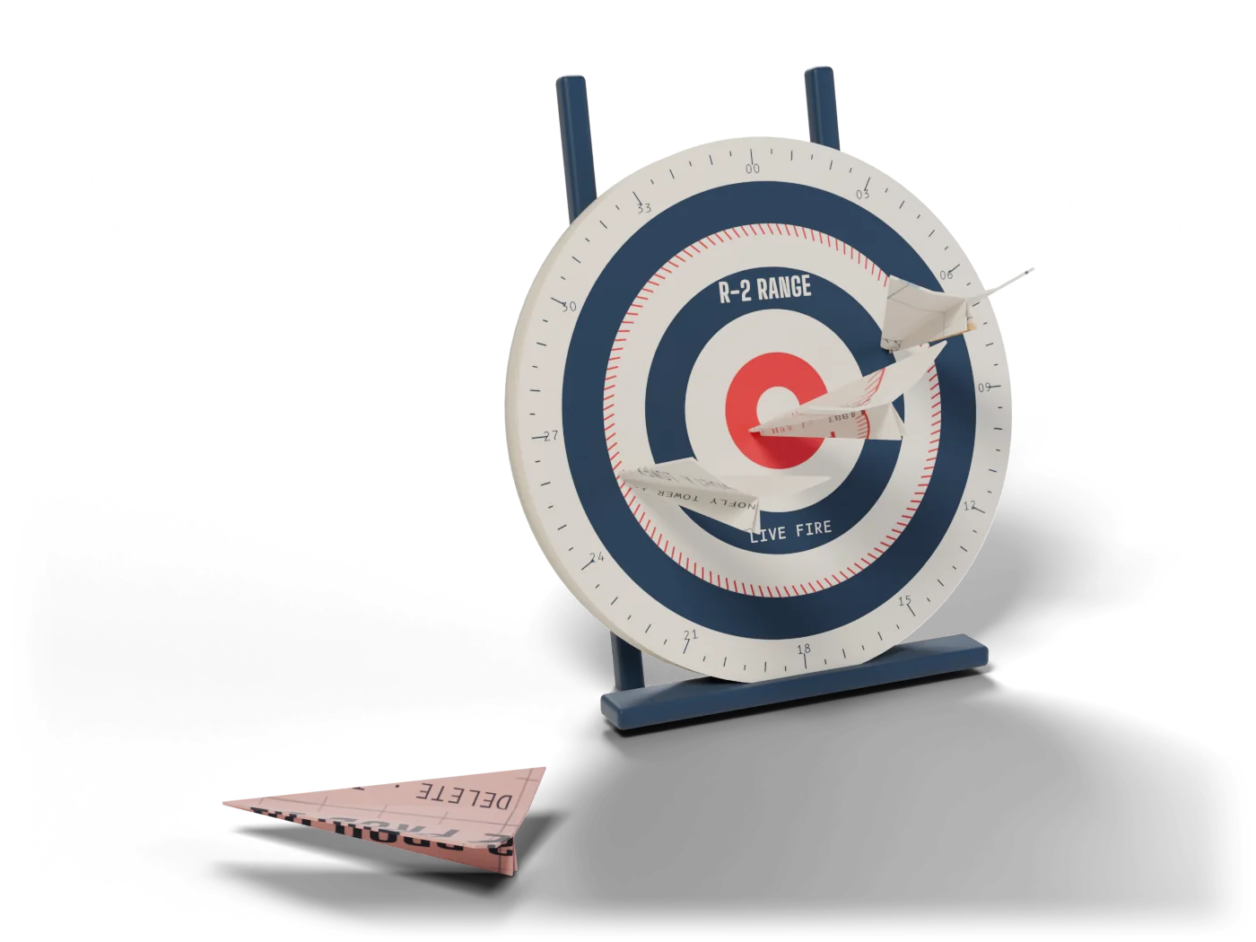 A target printed like a compass rose with paper planes thrown into it, and a red one that missed